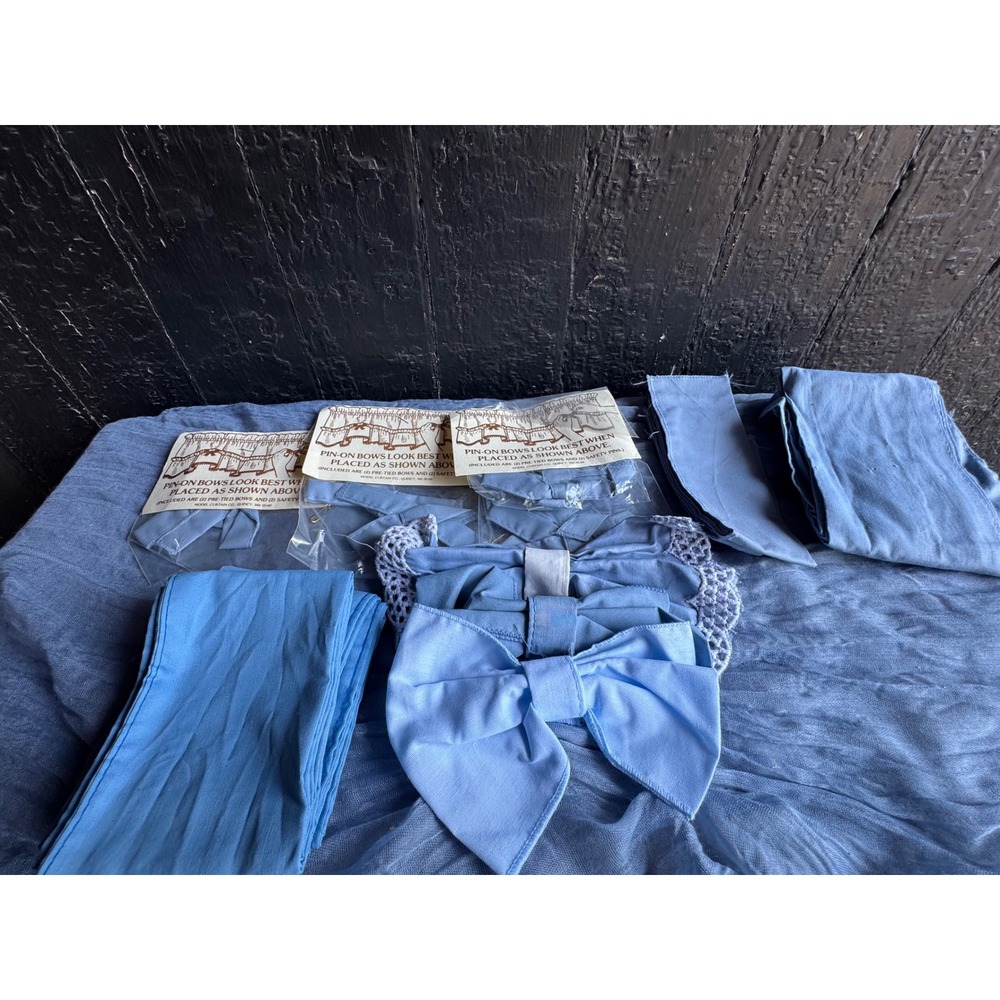 Vintage Model Curtain Co Light Blue Pin-On Bows and Fabric Lot Window Decor